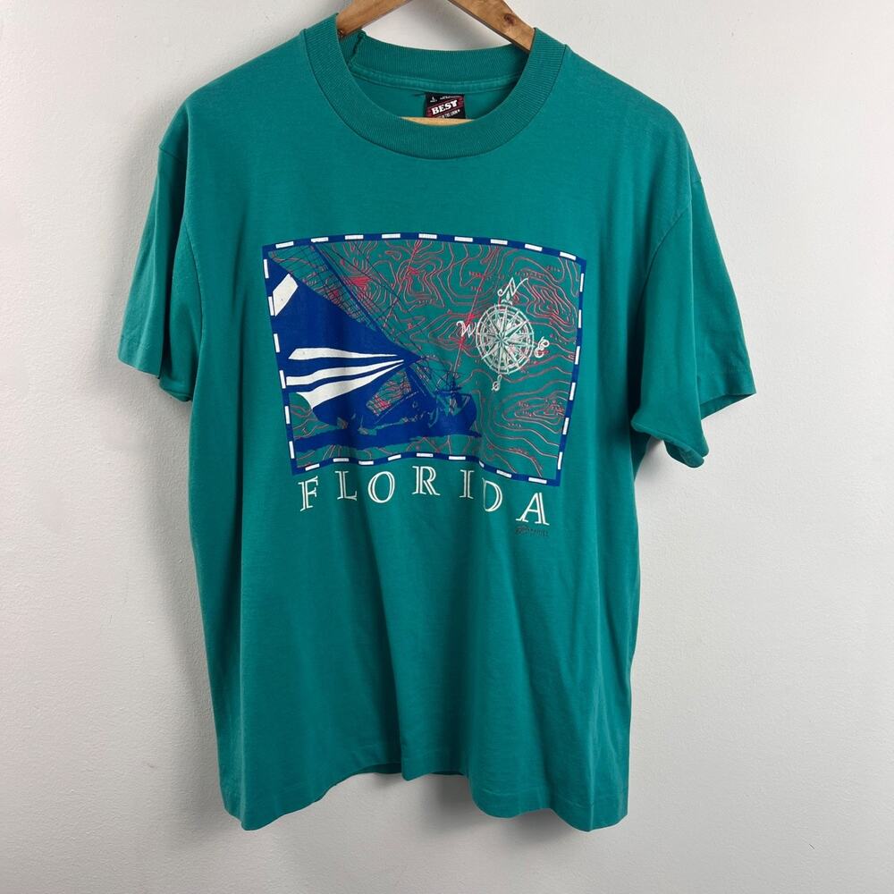 Vtg BEST Fruit Of Loom The Single Stitch TShirt Florida Graphics XL Green USA